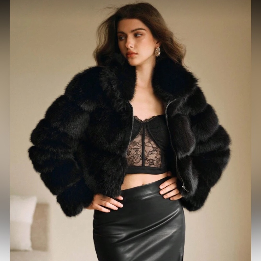 Luxury quilted faux fur jacket vintage style coat zip up black - Picture 7 of 13